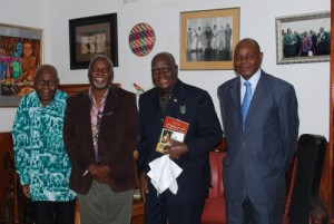 From left to right after presenting the book: “Satisfying Zambian Hunger for Culture” to President Kaunda; Mr. Mfula, Dr. Tembo, President Kaunda, and Mr. J. J. Mayovu.